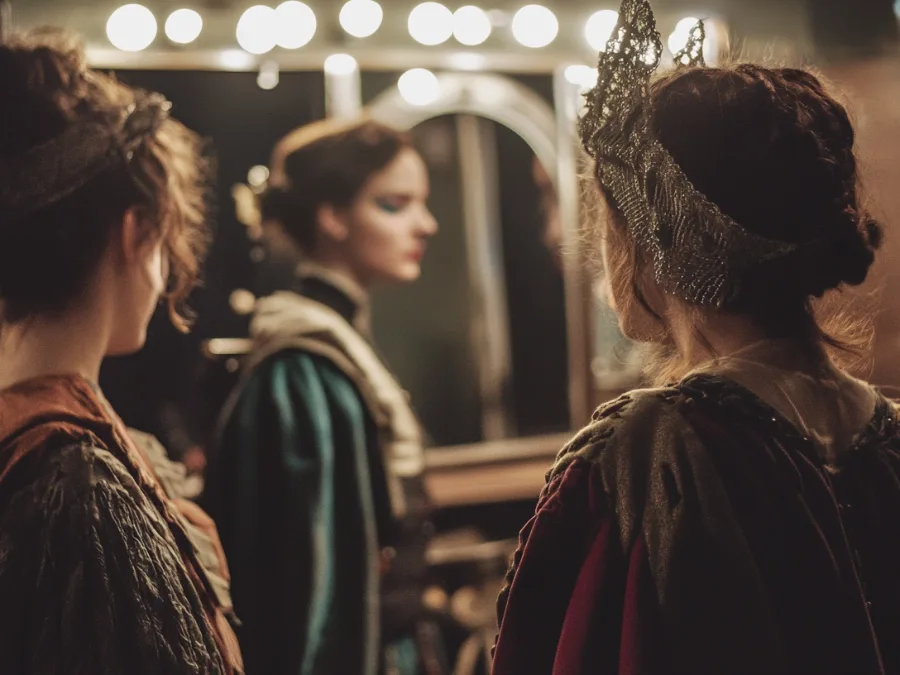 Comédiennes en costume en coulisses de théâtre